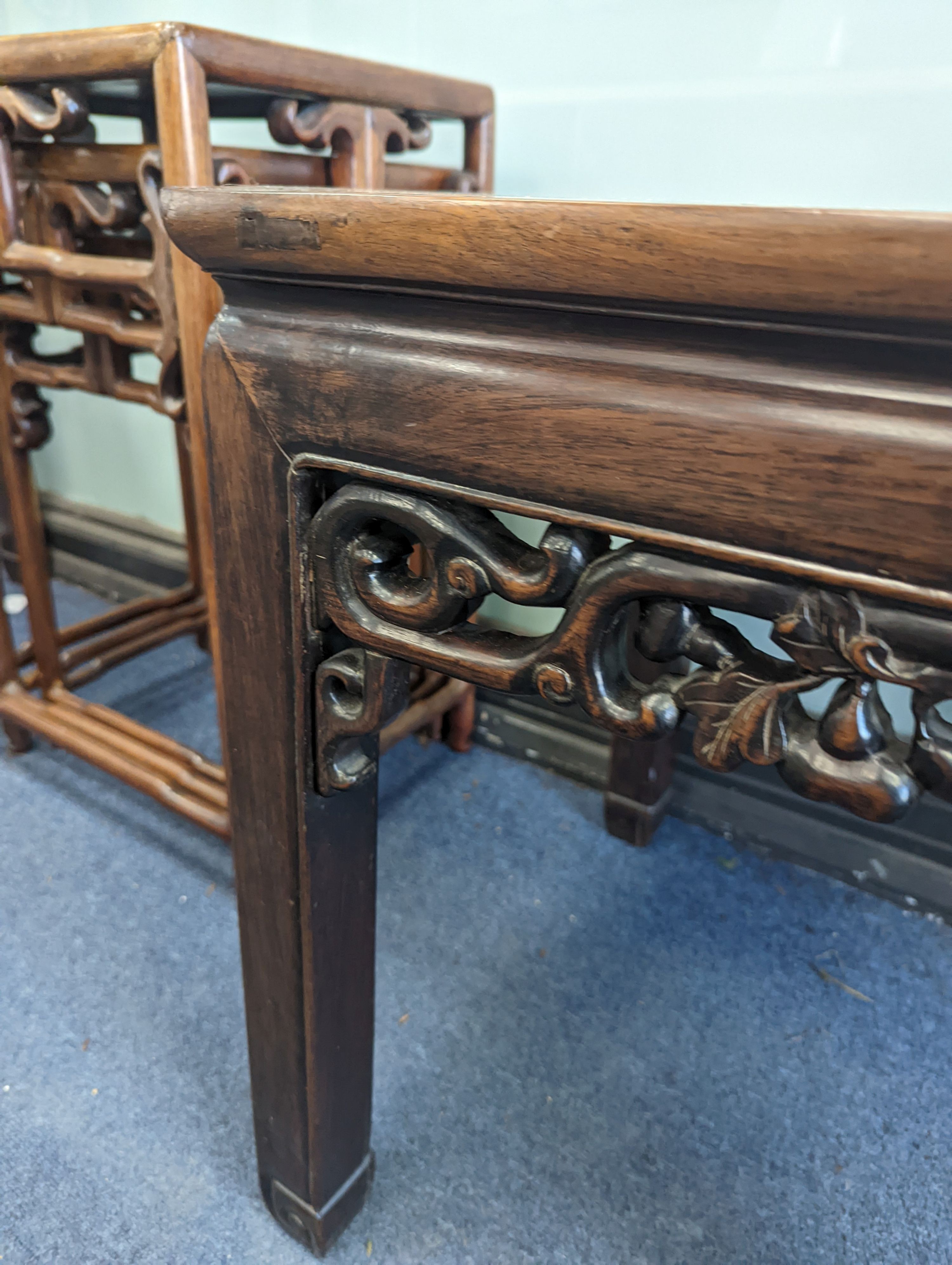 A pair of Chinese hardwood square top tables, 48cm, height 51cm